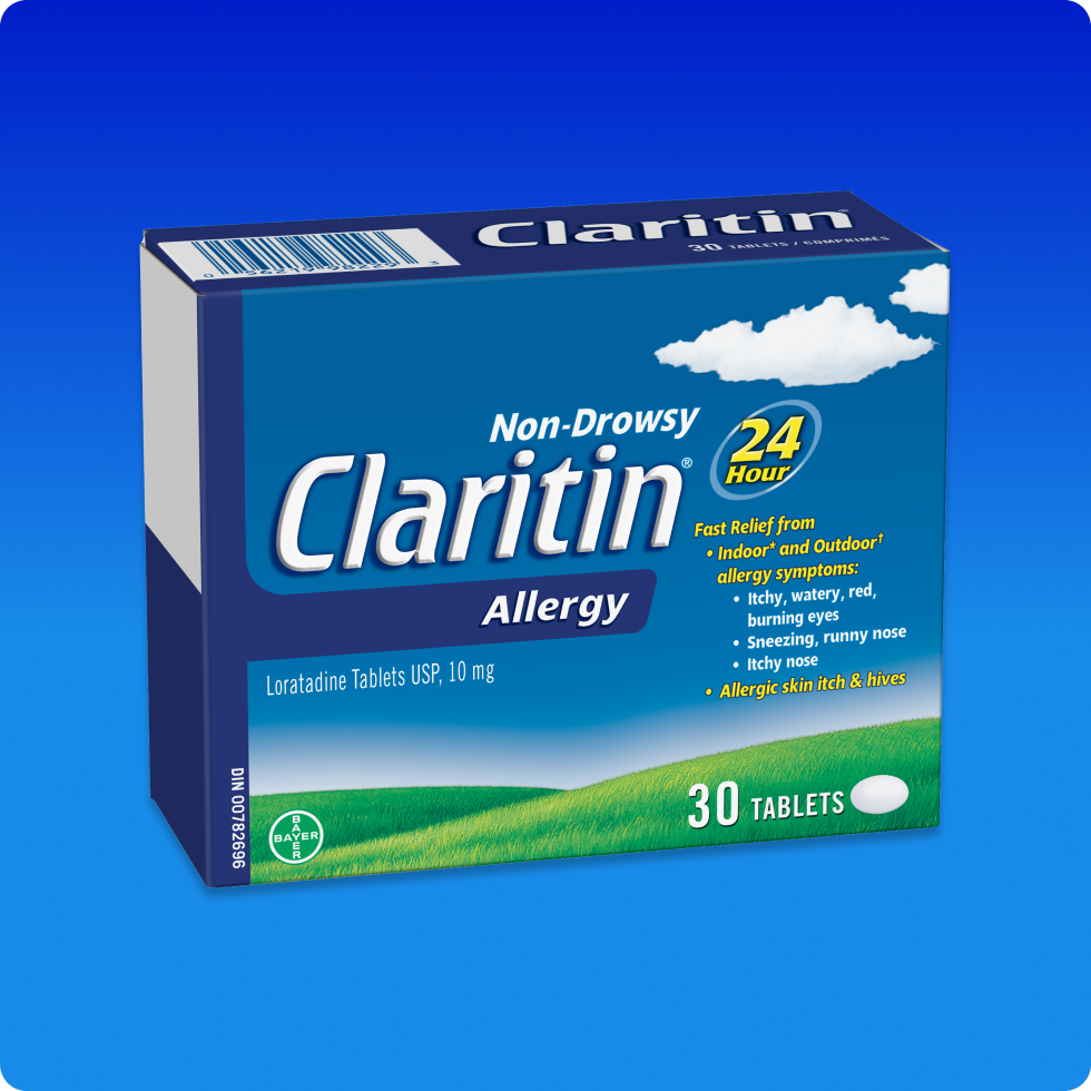 Blue pack of Claritin® Allergy Tablets 24 Hour which provides non-drowsy 24-hours of allergy relief.