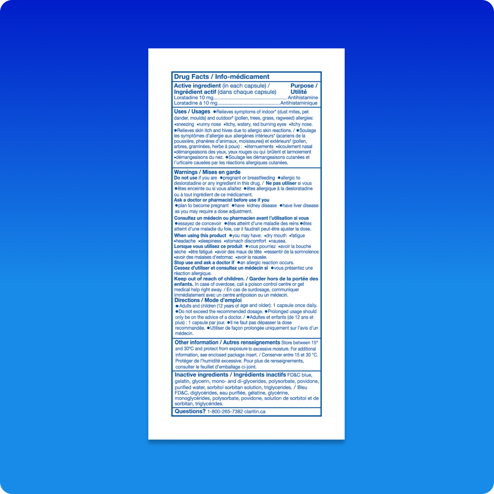 Drug Fact sheet of Claritin® Liquid Capsules 24 Hour which includes its ingredients, warnings, usage and directions.