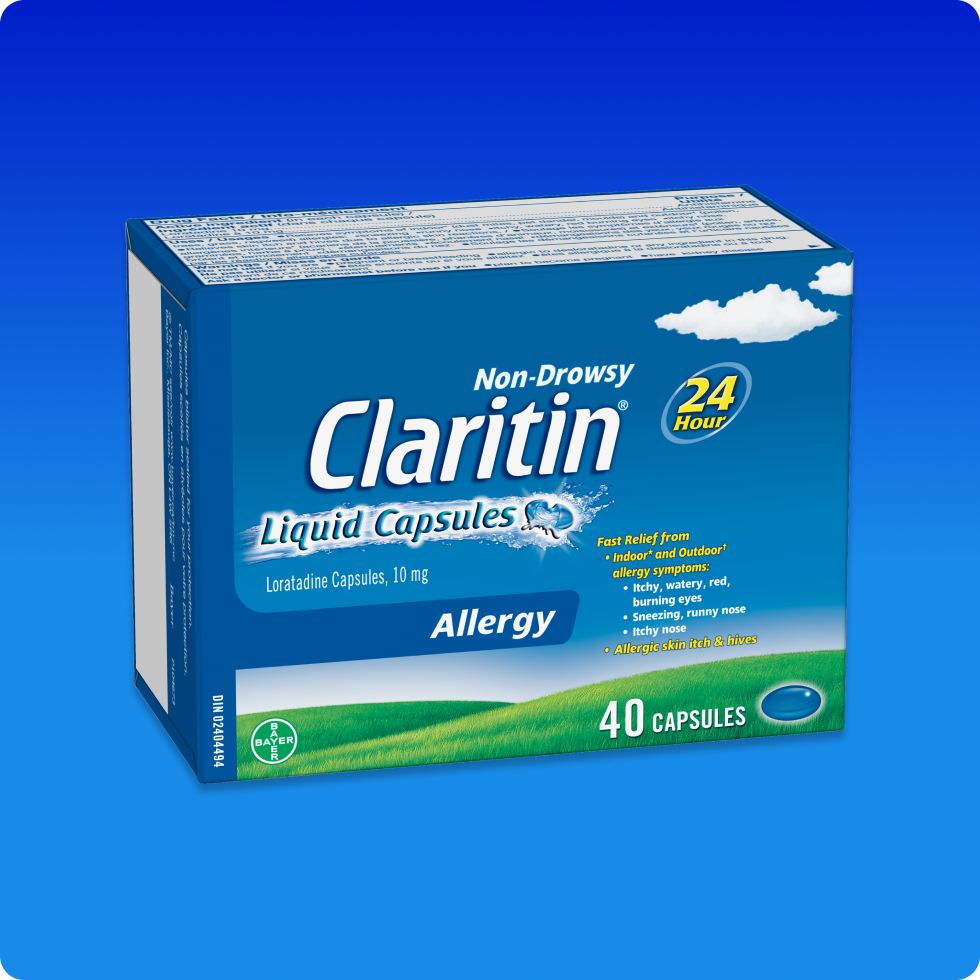 Blue pack of Claritin® Liquid Capsules 24 Hour that provides all-day, non-drowsy allergy relief.