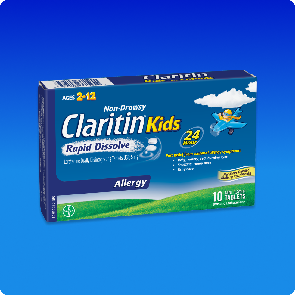 Blue carton of Claritin® Kids Rapid Dissolve 24 Hour that offers all-day non-drowsy allergy relief on-the-go.