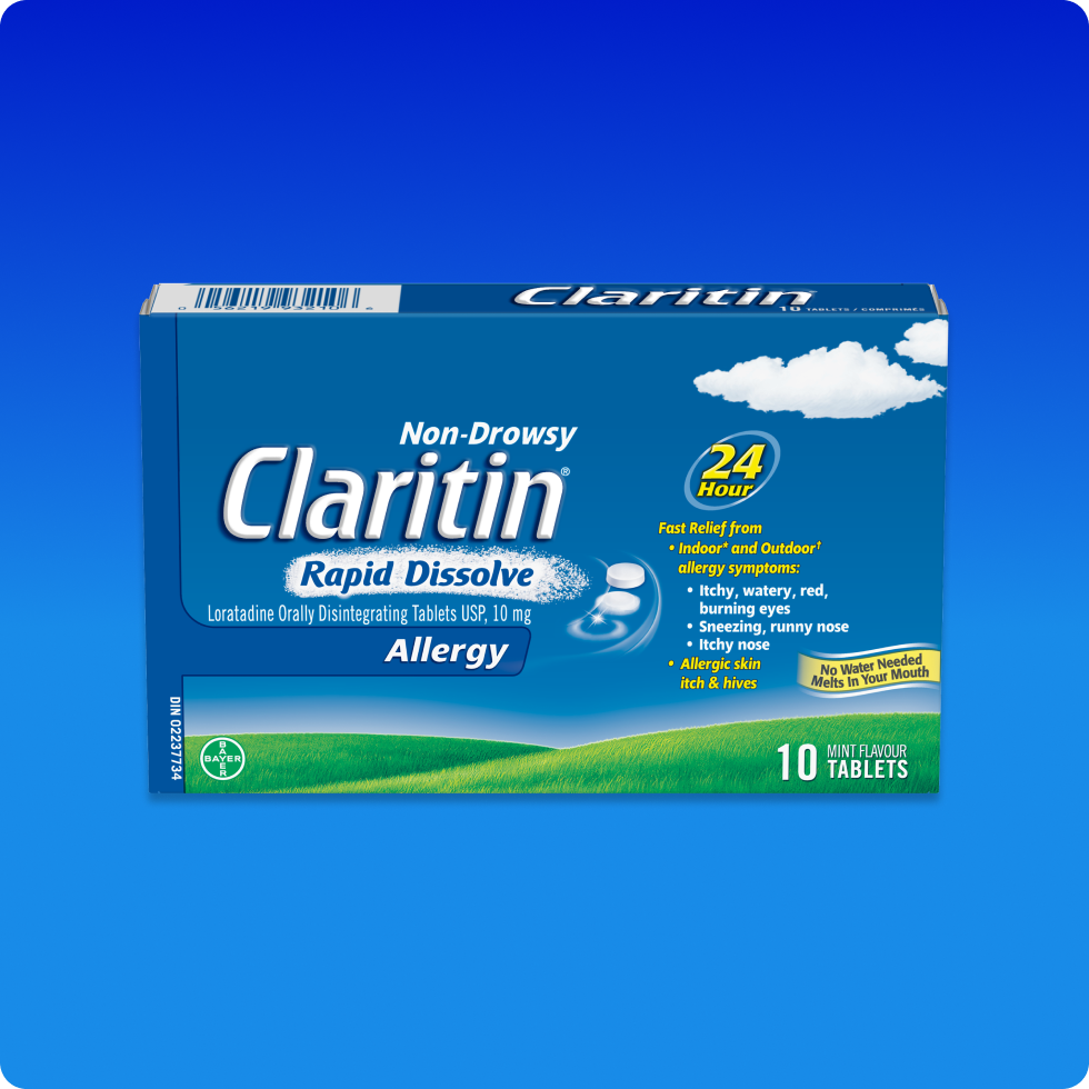 Front view of Claritin® Rapid Dissolve 24 Hour Tablets pack.