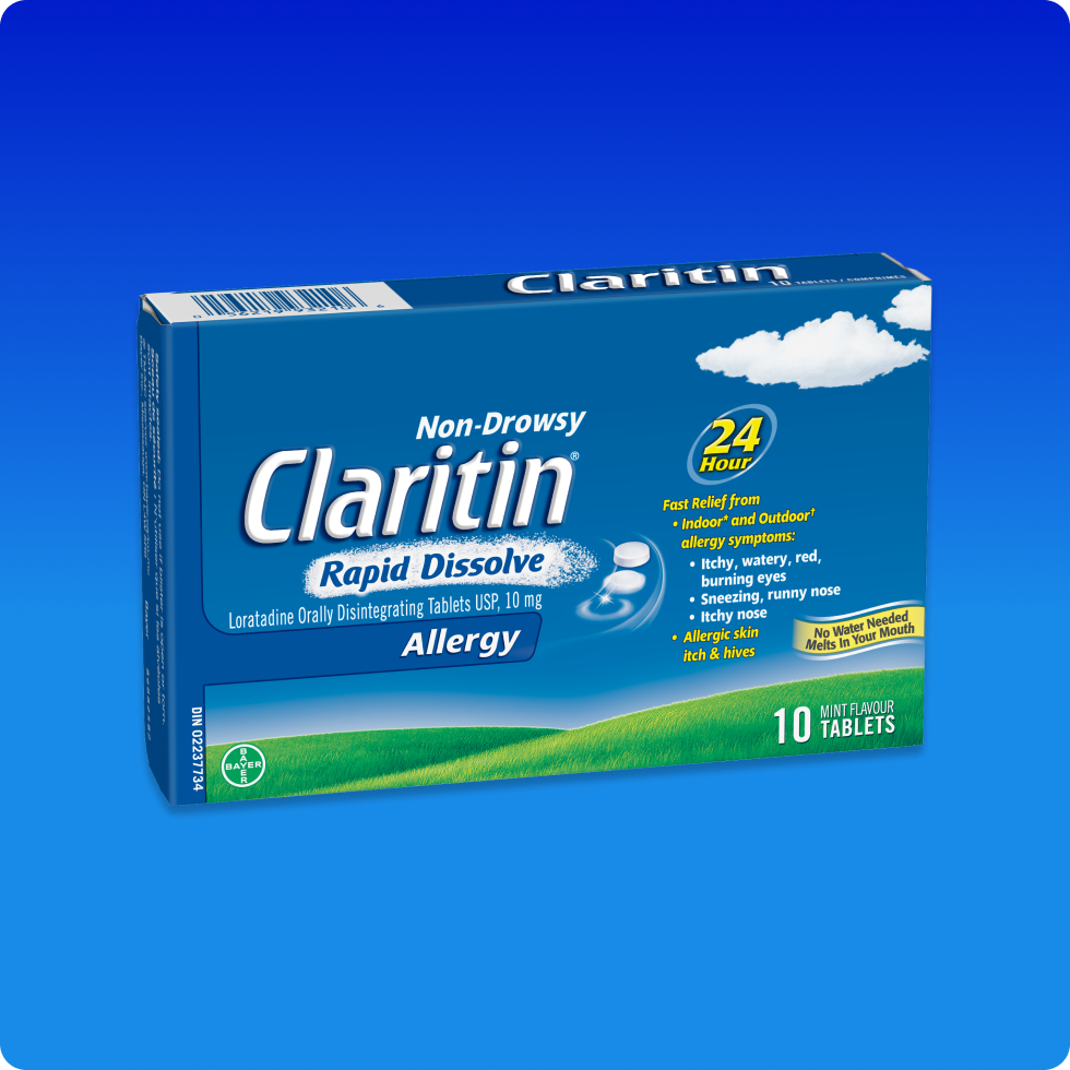 Blue pack of Claritin® Rapid Dissolve 24 Hour Tablets which are melt-in-your-mouth tablets providing fast allergy relief.