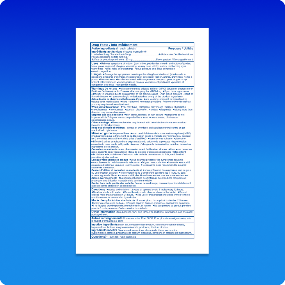 Drug Fact sheet of Claritin® Allergy + Sinus 12 Hour tablets which includes its ingredients, warnings, usage and directions.