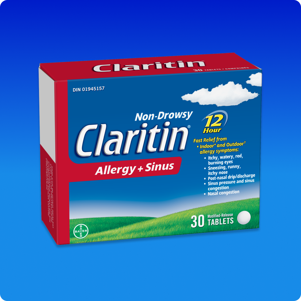 Blue-red pack of Claritin® Allergy + Sinus 12 Hour tablets that provides non-drowsy relief from allergy symptoms and congestion.