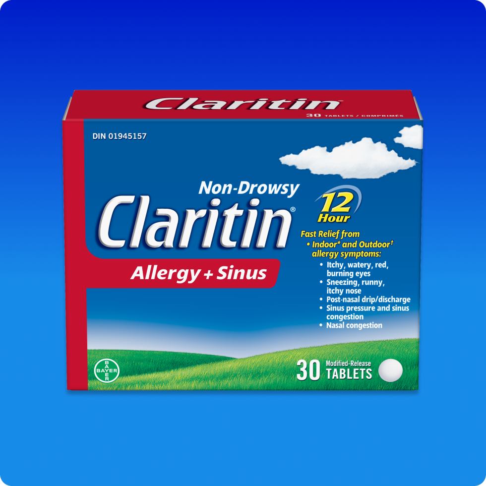 Front view of Claritin® Allergy + Sinus 12 Hour tablets pack.