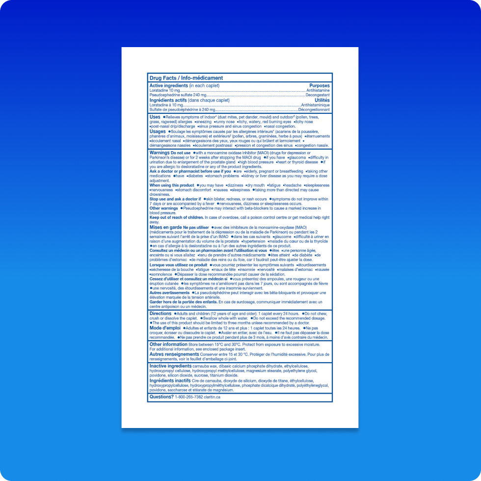 Drug Fact sheet of Claritin® Allergy + Sinus Extra Strength 24 Hour tablets which includes its ingredients, warnings, and directions.