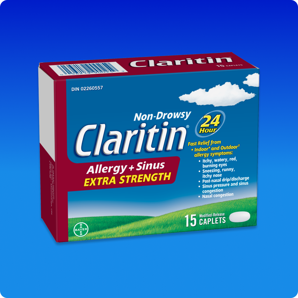 Blue-red pack of Claritin® Allergy + Sinus Extra Strength 24 Hour caplets that relieves allergy symptoms and congestion.