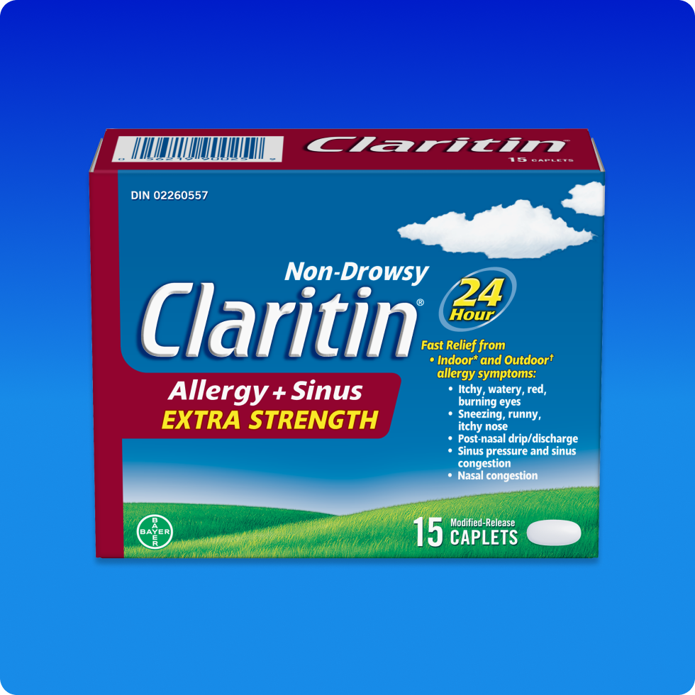 Front view of Claritin® Allergy + Sinus Extra Strength 24 Hour tablets pack.