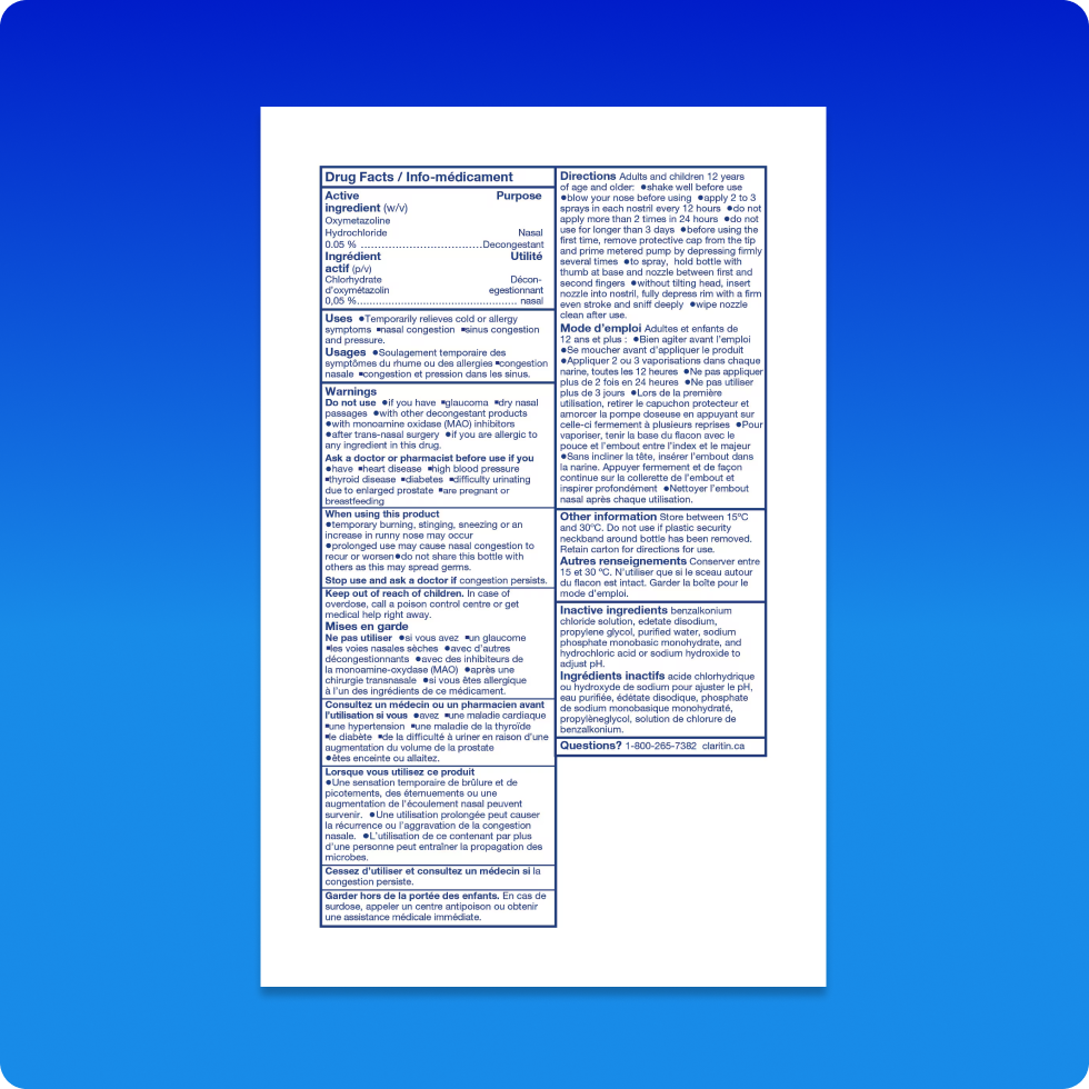 Drug Fact sheet of Claritin® Allergy Decongestant Nasal Spray which includes its ingredients, warnings, usage, and directions.