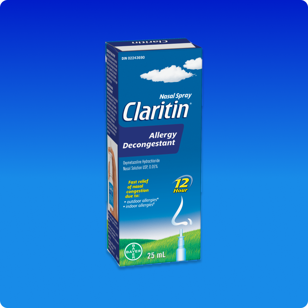 Blue carton of Claritin® Allergy Decongestant Nasal Spray that offers fast relief from nasal and sinus congestion.