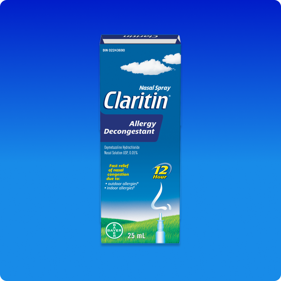 Front view of Claritin® Allergy Decongestant Nasal Spray pack.