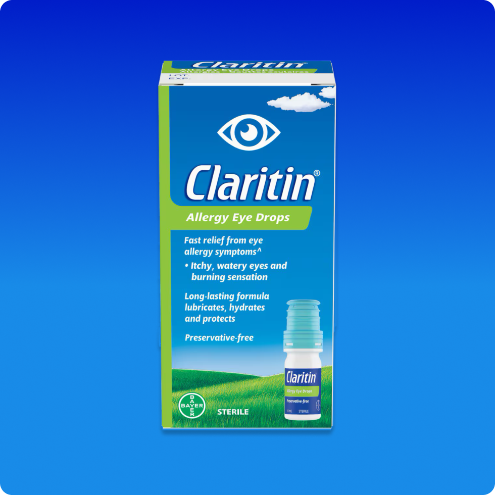 Blue pack of Claritin® Allergy Eye Drops that provides fast, long-lasting relief from eye allergy symptoms.