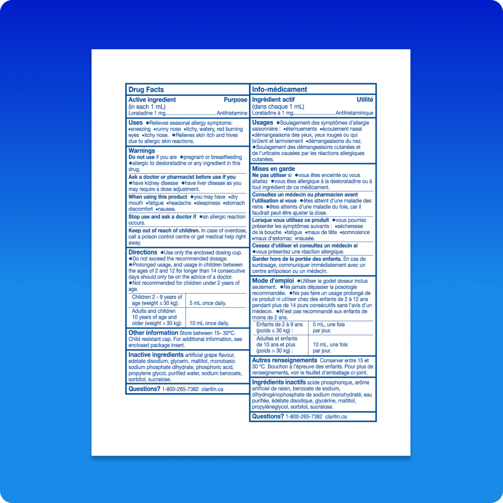 Drug Fact sheet of Claritin® Kids Syrup 24 Hour which includes its ingredients, warnings, usage, and directions.