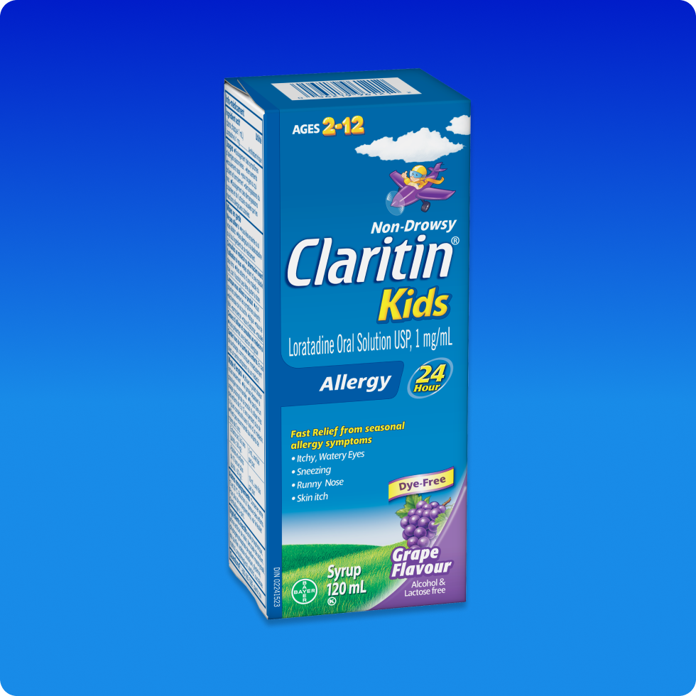 Blue carton of grape flavored Claritin® Kids Syrup 24 Hour that offers all-day non-drowsy allergy relief.