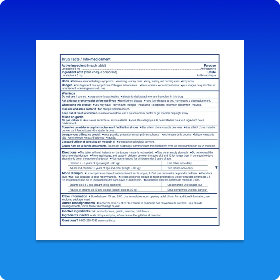 Drug Fact sheet of Claritin® Kids Rapid Dissolve 24 Hour which includes its ingredients, warnings, usage, and directions.