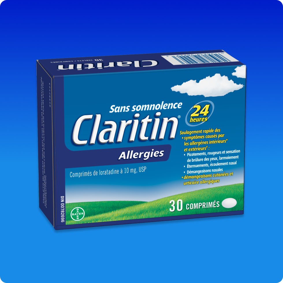 Emballage bleu de comprimés Claritin® Allergies 24 h, qui procurent un soulagement des symptômes d’allergies pendant 24 heures sans causer de somnolence.