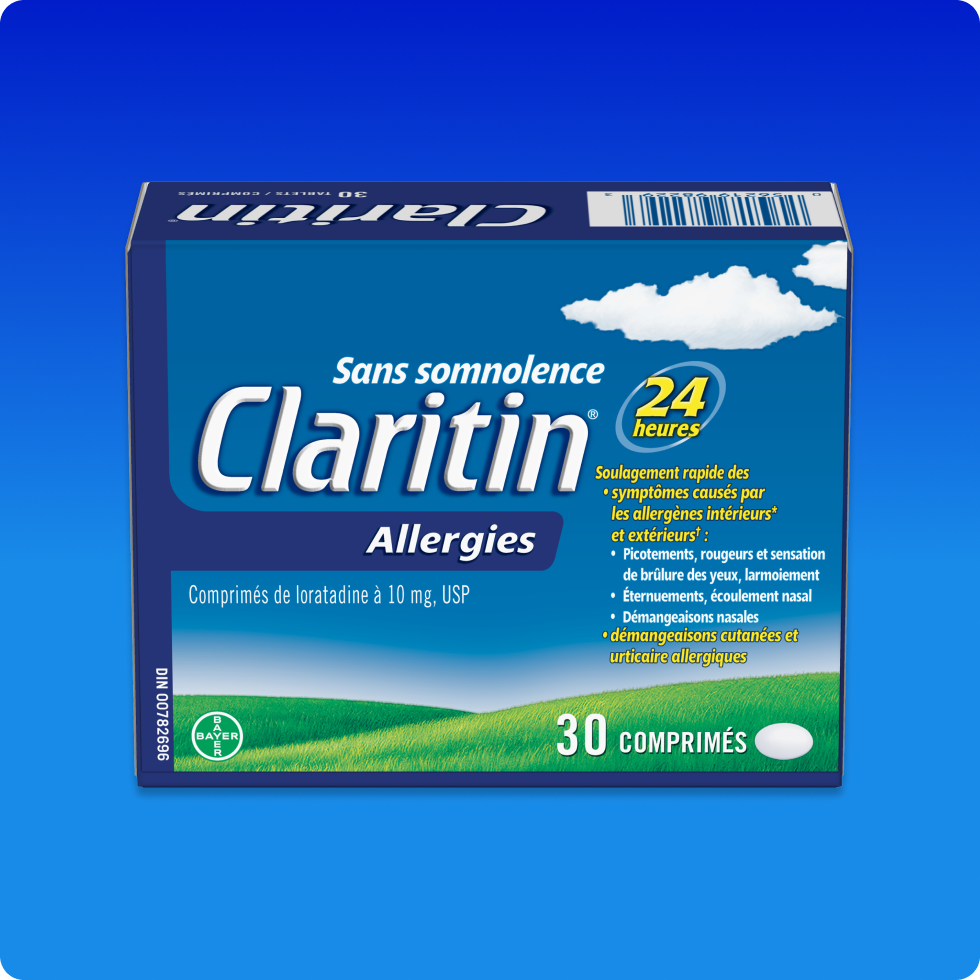 Vue de face de l’emballage des comprimés Claritin® Allergies 24 h.