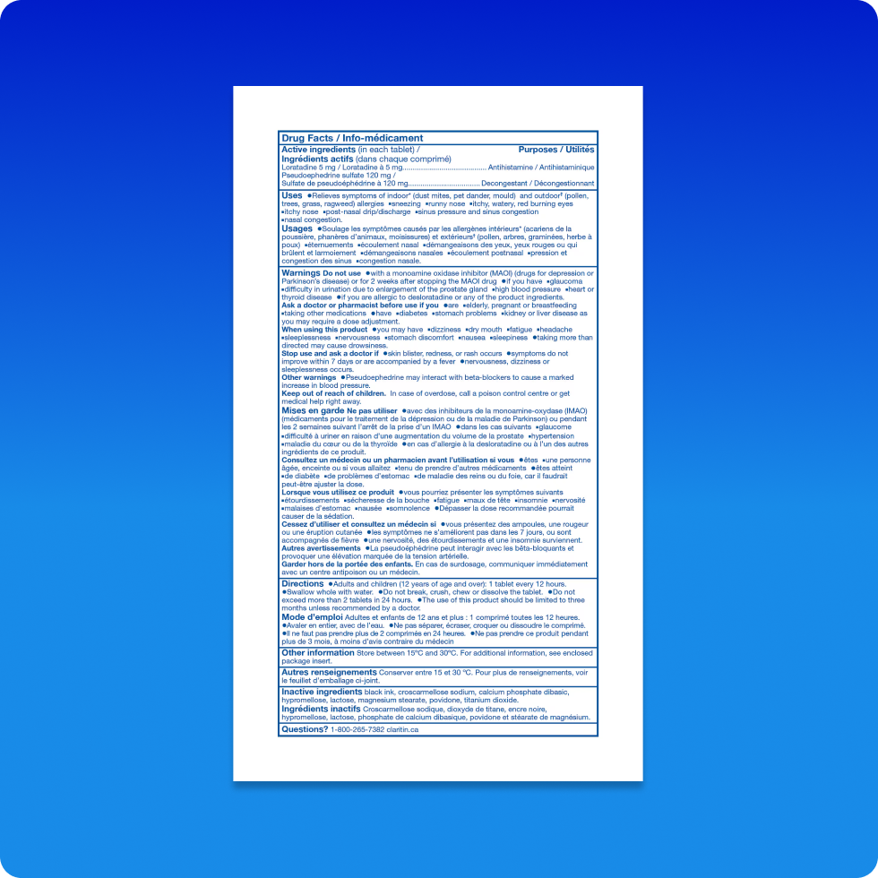 Fiche Info-médicament des comprimés Claritin® Allergies + Sinus 12 h comprenant la liste des ingrédients, les mises en garde et le mode d’emploi.