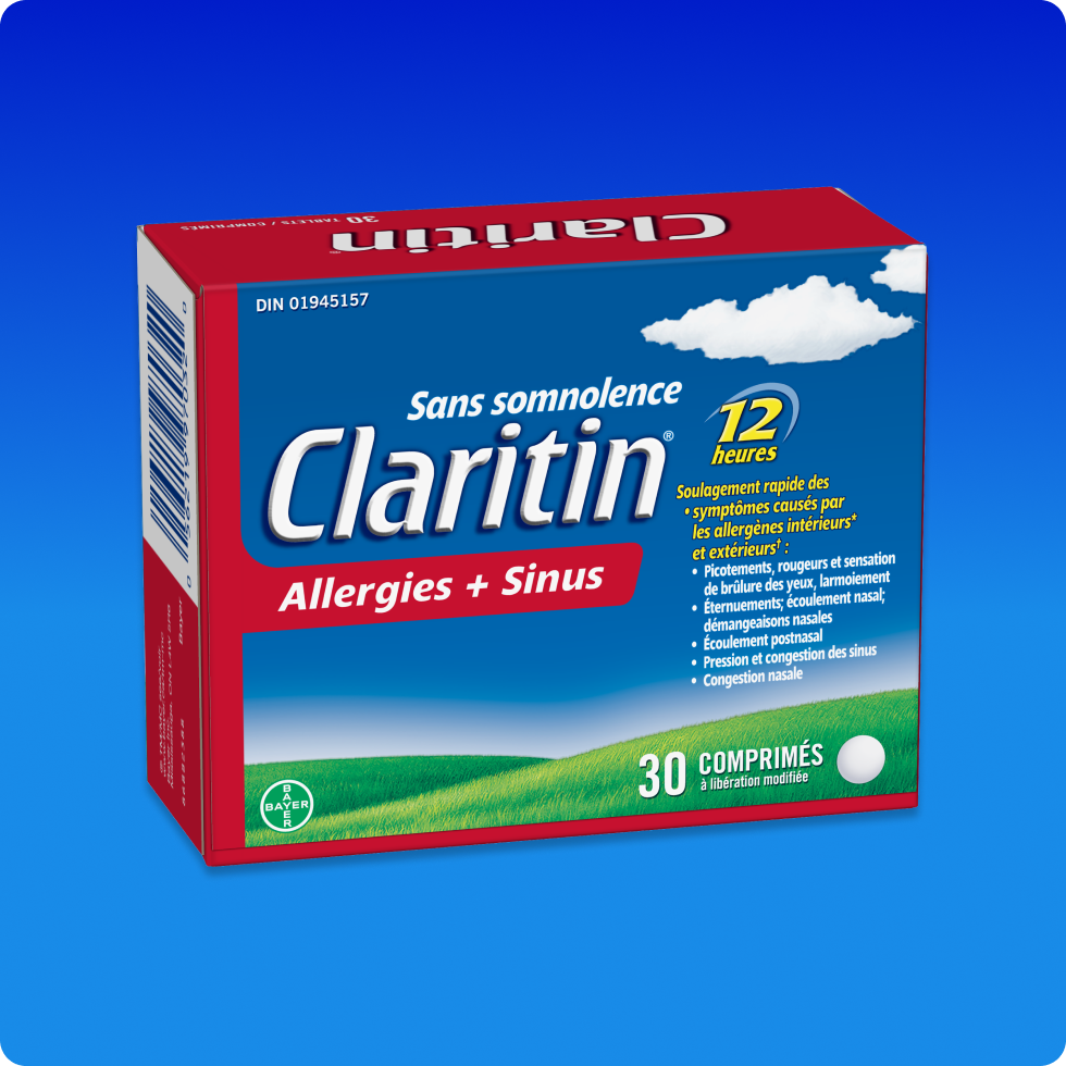Emballage bleu et rouge de comprimés Claritin® Allergies + Sinus 12 h, qui soulagent les symptômes d’allergies et la congestion sans causer de somnolence.