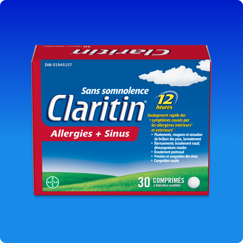 Vue de face de l’emballage des comprimés Claritin® Allergies + Sinus 12 h.