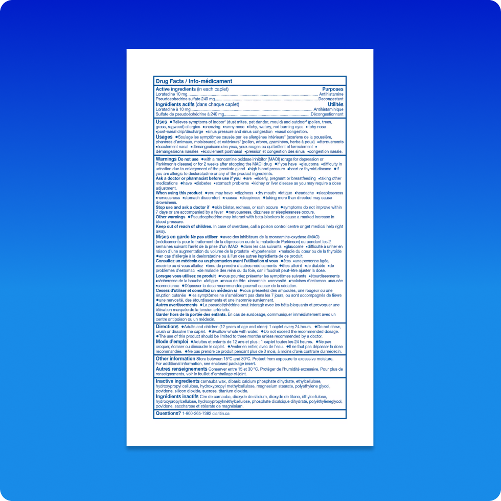 Fiche Info-médicament des comprimés Claritin® Allergies + Sinus Extra fort 24 h comprenant la liste des ingrédients, les mises en garde et le mode d’emploi.