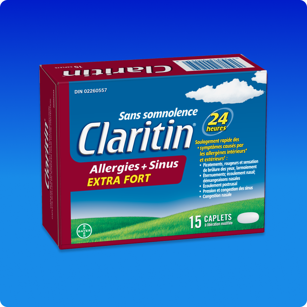 Emballage bleu et rouge de comprimés Claritin® Allergies + Sinus Extra fort 24 h, qui soulagent les symptômes d’allergies et la congestion nasale.