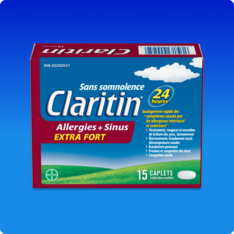 Vue de face de l’emballage des comprimés Claritin® Allergies + Sinus Extra fort 24 h.