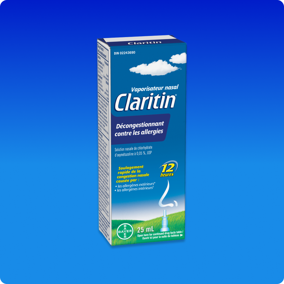 Emballage bleu de Claritin® Décongestionnant contre les allergies en vaporisateur nasal, qui procure un soulagement rapide de la congestion nasale et des sinus.