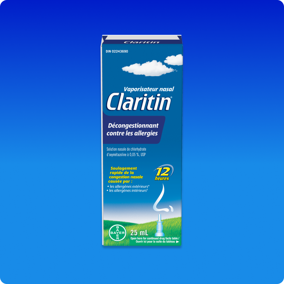 Vue de face de l’emballage de Claritin® Décongestionnant contre les allergies en vaporisateur nasal.