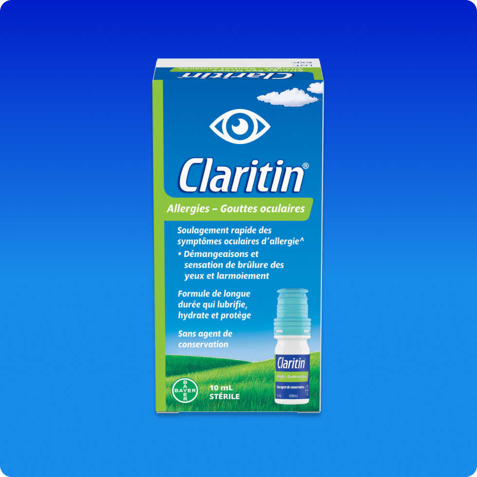 Emballage bleu de gouttes oculaires Claritin® Allergies, qui procurent un soulagement rapide et durable des symptômes oculaires d’allergies.