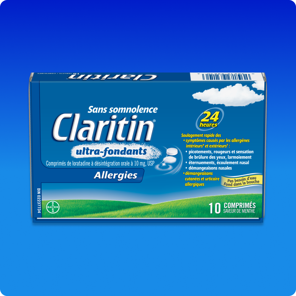 Vue de face de l’emballage des comprimés Claritin® ultra-fondants 24 h.