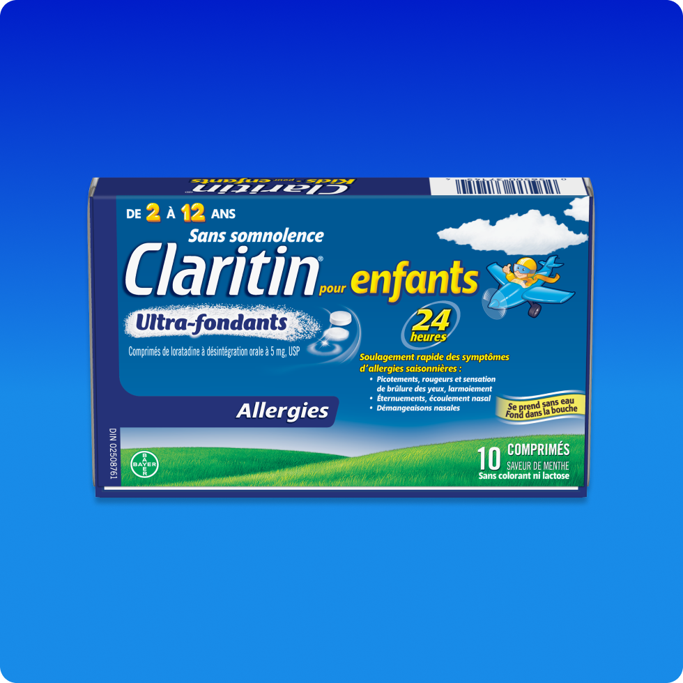 Vue de face de l’emballage de Claritin® pour enfants Ultra-fondants 24 h. 