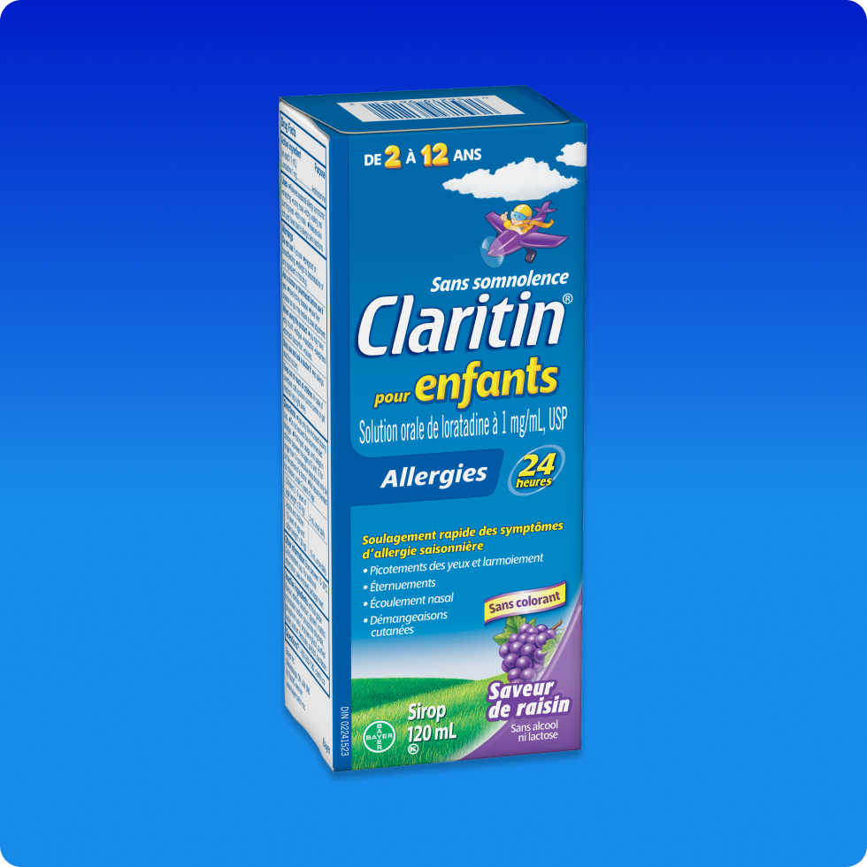 Carton bleu de sirop Claritin® pour enfants 24 h à saveur de raisin, qui soulage les symptômes d’allergies toute la journée sans causer de somnolence.