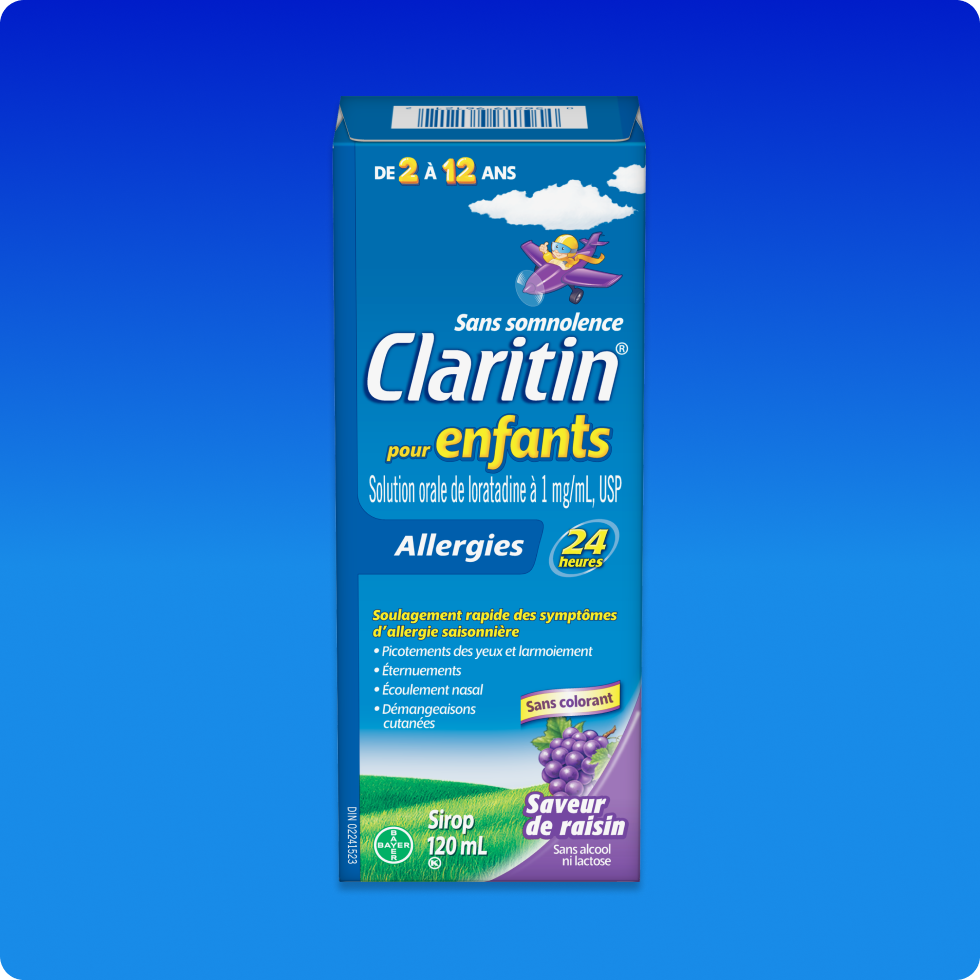 Vue de face de l’emballage du sirop Claritin® pour enfants 24 h.