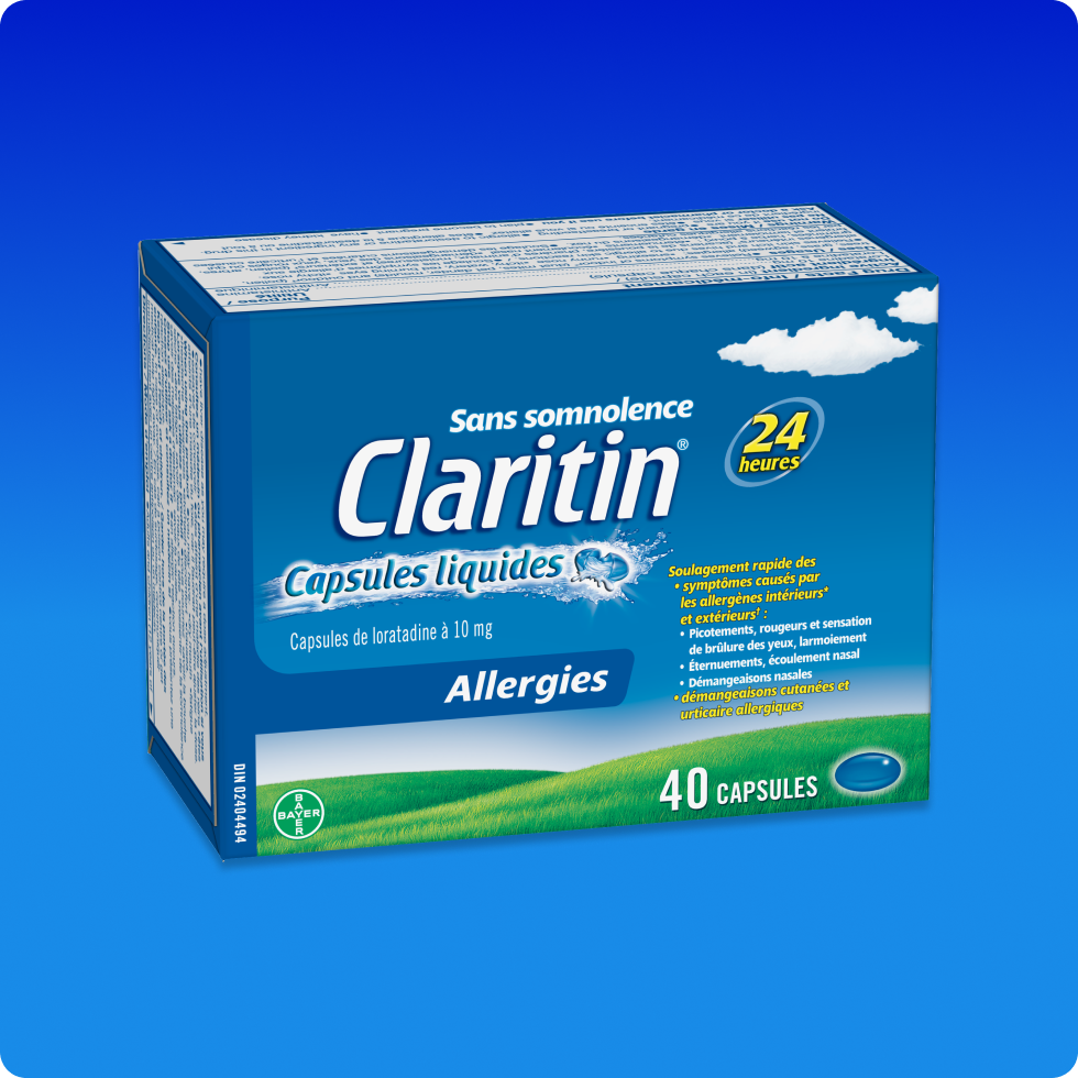 Emballage bleu de Claritin® Capsules liquides 24 h, qui soulage les symptômes d’allergies toute la journée sans causer de somnolence.