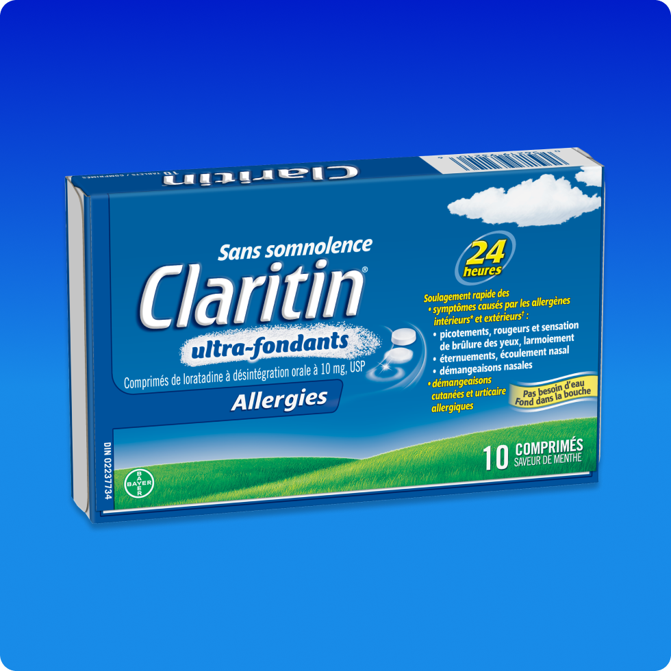 Emballage bleu de comprimés Claritin® ultra-fondants 24 h, qui fondent dans la bouche et soulagent rapidement les symptômes d’allergies. 